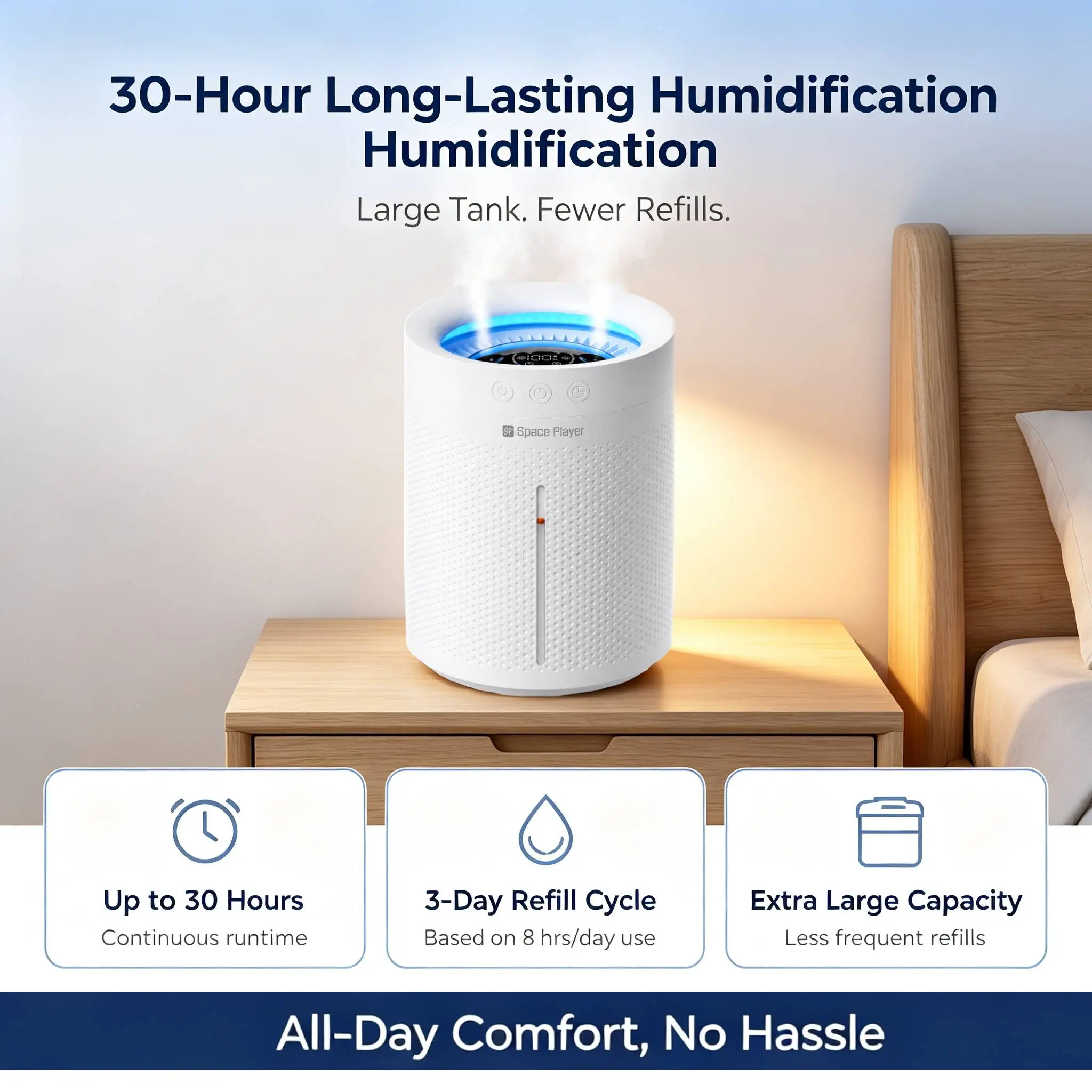 Space Player 3L Compact Cordless Rechargeable Home Humidifier - Top-Fill, 4000mAh Battery, Dual Mist, 23dB Silent Spray, 2/4/8H Timer, Pluggable, Covers Up to 269 Sq Ft, Humidifier Room Appliances for Bedrooms Home Air Humidifier Silent Spray Humidifier L