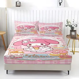 3-Piece My Melody Pattern Bedding Set, Comfortable Printed Design, Includes 1 Fitted Sheet & 2 Pillowcases, Non-Slip, Perfect Gift, Bed Sheets