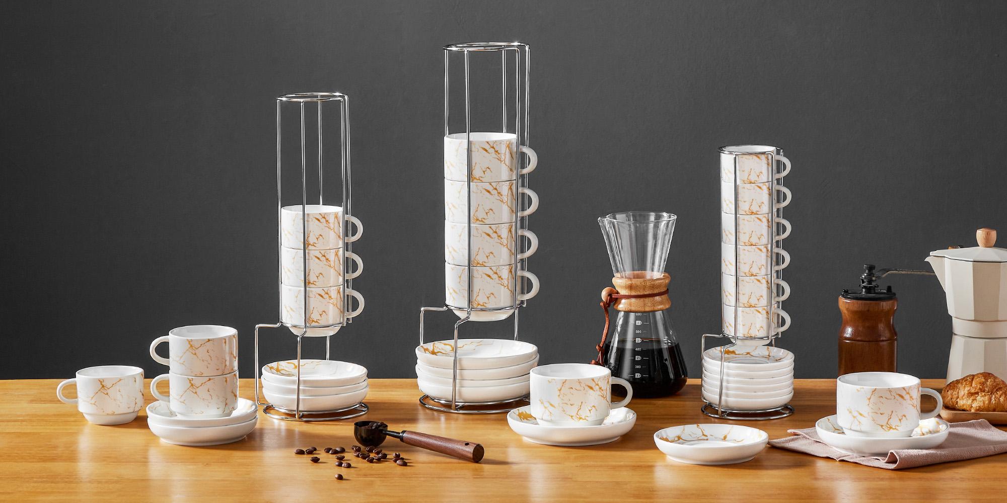 MALACASA 3/5/9 OZ Porcelain Espresso Cups (includes saucers and metal cup holder) 6-Piece Set, Stackable Cappuccino Cups, Coffee Cups, and Tea Cups, Marble-Patterned Espresso Cup Set, Perfect for Espresso, Lattes, and Tea