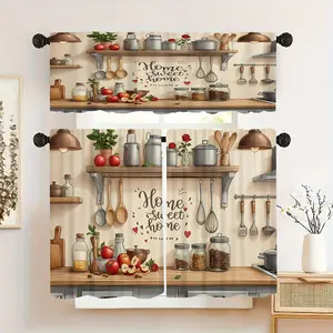 2D Flat 1/2/3pcs Flat Printed Kitchen Curtains Featuring Tableware And Food Designs, Layered with Pole Bags for Decoration, Suitable for Kitchens, Coffee Shops, And Living Rooms, Ideal for Year-Round Home Decor