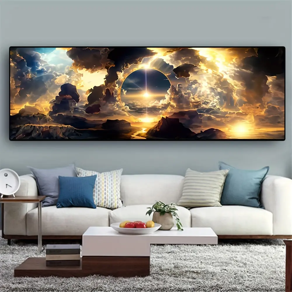 No-Frame Sky Canvas Poster Wall Art - Artistic Fall Mountain & River Print with White Clouds, Interior Decor Inspo Nature Art Home Accessory for Bedroom, Living Room, 16x24in, 20x30in, 24x36in Home Supplies