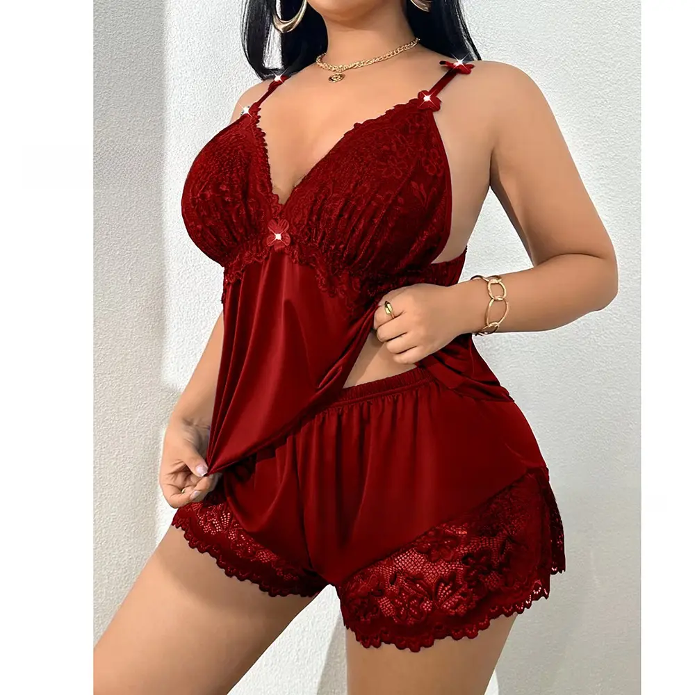 Women's Plus-Size (L, XXL) 2-Piece Spaghetti Strap Lingerie Cami & Shorts Set - European-American Style Alluring Everyday Home Wear, Festive Gift