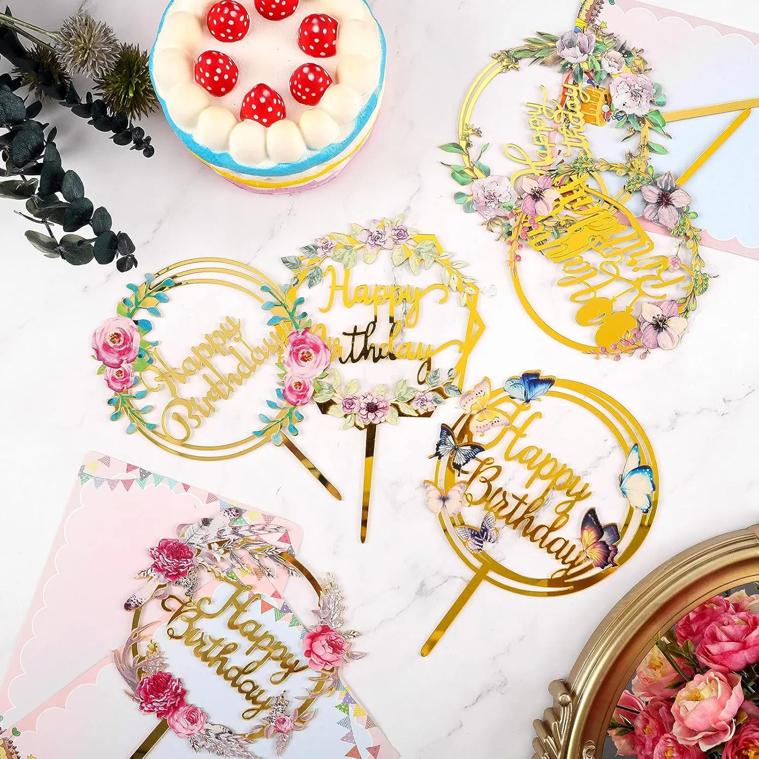 6Pcs Happy Birthday Cake Toppers Gold Flower Acrylic Cupcake Cake Toppers for Various Birthday Party Anniversary Pastries Decorations