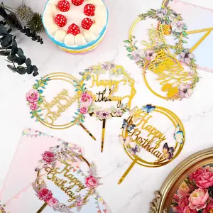 6Pcs Happy Birthday Cake Toppers Gold Flower Acrylic Cupcake Cake Toppers for Various Birthday Party Anniversary Pastries Decorations