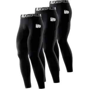 SILKWORLD Men'S 1~3 Pack Compression Pants Pockets Cool Dry Gym Leggings Baselayer Running Tights