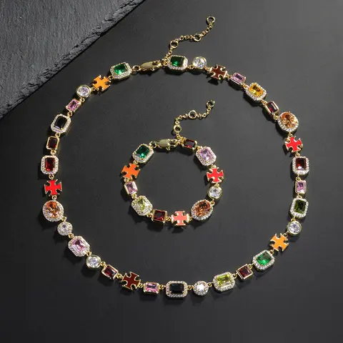 ICED CHICS Unisex Necklace & Bracelet Set (2pcs/set), Trendy Jewelry Set, Fashionable Colorful Zirconia for All Seasons, Cross Accent, Hip Hop Street Style, Perfect Gift