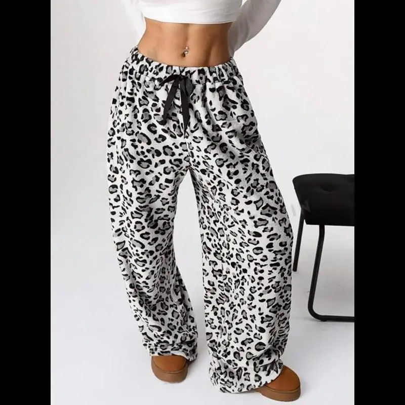 Women's Leopard Print Coral Fleece Pants, Thickened Warm Home Wear, Vintage Loose Fit Wide Leg, Fall Winter Casual, Casual Street Trousers Women's Leopard Print Coral Fleece Pants, Thickened Warm Home Wear, Vintage Loose Fit Wide Leg, Fall Winter Casual, Casual Street Trousers