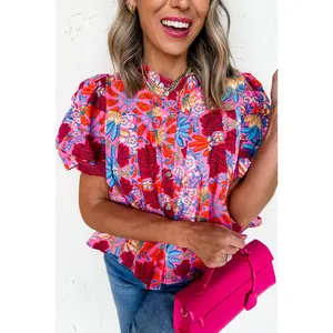 Pink Floral Bubble Sleeve Shirt