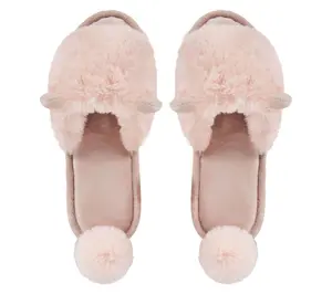 Memoi Bunny Hop Pom-Pom Open Toe Plush Slippers