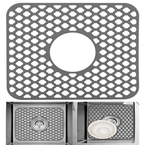 Non-slip Grey Silicone Heat Resistant Sink Protector Mat - Adjustable Kitchen Sink Mat, Farmhouse Sink Accessories, Drain Protector - 13.4" x 11.6"