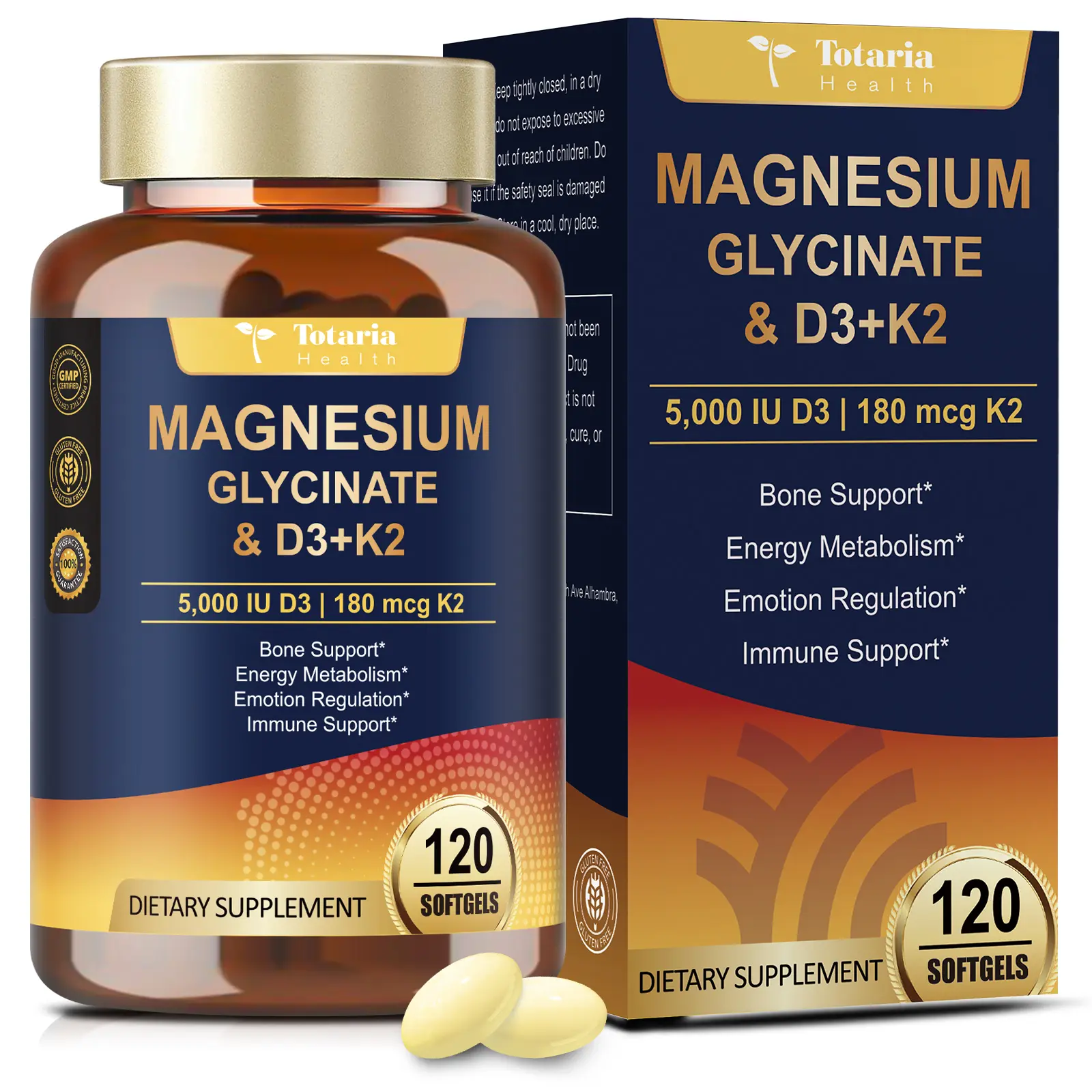 Totaria 9-in-1 Calming Blended Vitamins & Minerals Supplement - High Absorb Magnesium Glycinate 500mg, Vitamin D3 5000 IU, K2 Complex, Nervous System Regulation, Bone Support, 120-Count Softgel Capsule - Non-GMO, Gluten-Free