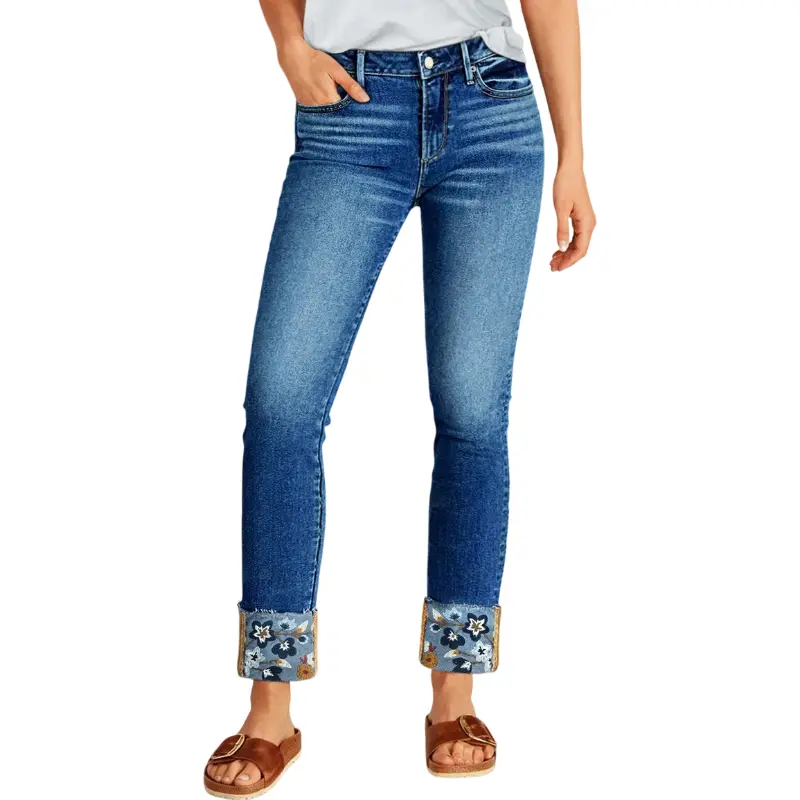 Flamingals Roll Hem Floral Embroidery Mid Waist Straight Leg Crop Jeans Womenswear Stretchy 26.0" Inseam