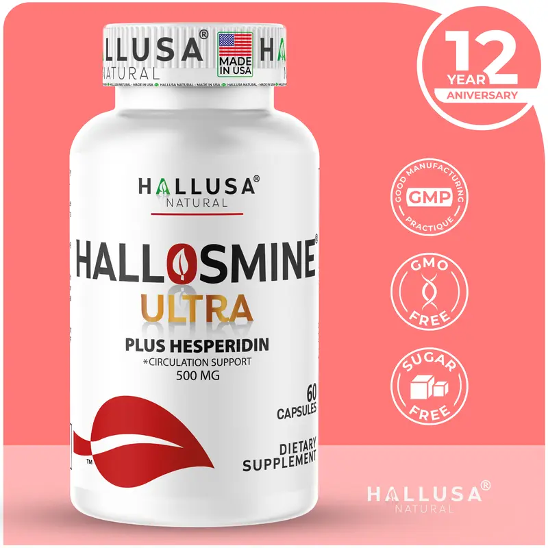 HALLUSA NATURAL Hallosmine Ultra Double Strength Dietary Supplement - Diosmin 500mg, Hesperidin 150mg - 60 Vegan Organic Veggie Capsules - Gluten/GMO/Sugar-Free Circulation Support Vitamins, Double Strength Vitamins Supplements