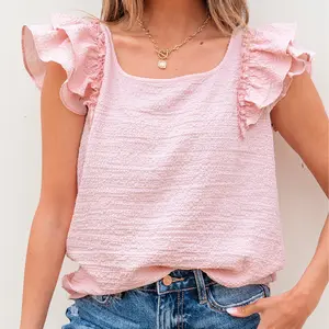 Women's Gossamer Pink & Beige Textured Cute Bow Knot Frilled Butterfly Sleeve Fashion Top