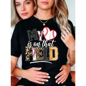 My Heart Is On That Field Mother's Day Baseball Mom Women T-Shirt Women T Shirt, Short Sleeve Round Neck Casual Top For Summer & Spring, Women's Clothing