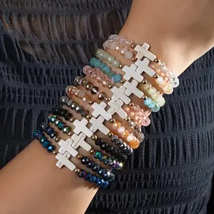 12 or 24pcs  Turquoise Resin Cross Bracelets - Bohemian Multi-Style Elastic Line Bracelet Multi-Pack with Cross Charms, Suitable for Daily Wear, Vacation & Christmas Gifts, Year-Round Resin