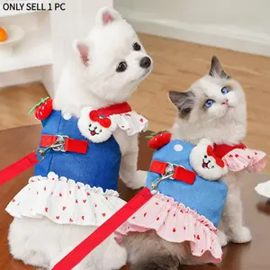 Denim Dog Dress Harness and Leash Set, Cute Heart Strawberry Pattern Pet Princess Dress, Breathable Mesh Cat Dog Harness Leash, Small Dog Clothes for Chihuahua Yorkshire Teddy Bichon French Bulldog Schnauzer