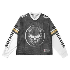 Inflation Street Cropped Boxy Mesh Fake Two-Piece Fashion Loose T-Shirt Skull Trendy Brand New Long Sleeve Tee Menswear Top streetwear Black Tshirt