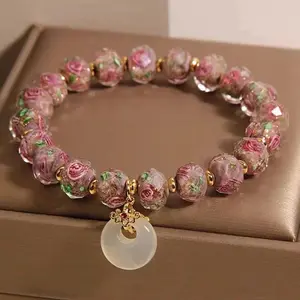 Elegant Glass Bead Bracelet For Women Peace Knot & Rose Flower Design Handcrafted Luxury Accessory For Casual And Formal Wear