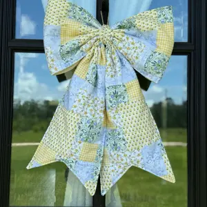 Patchwork Quilted Bow – Cottagecore Door Hanger | Handmade Farmhouse Decor | Blue & Yellow Front Door Bow