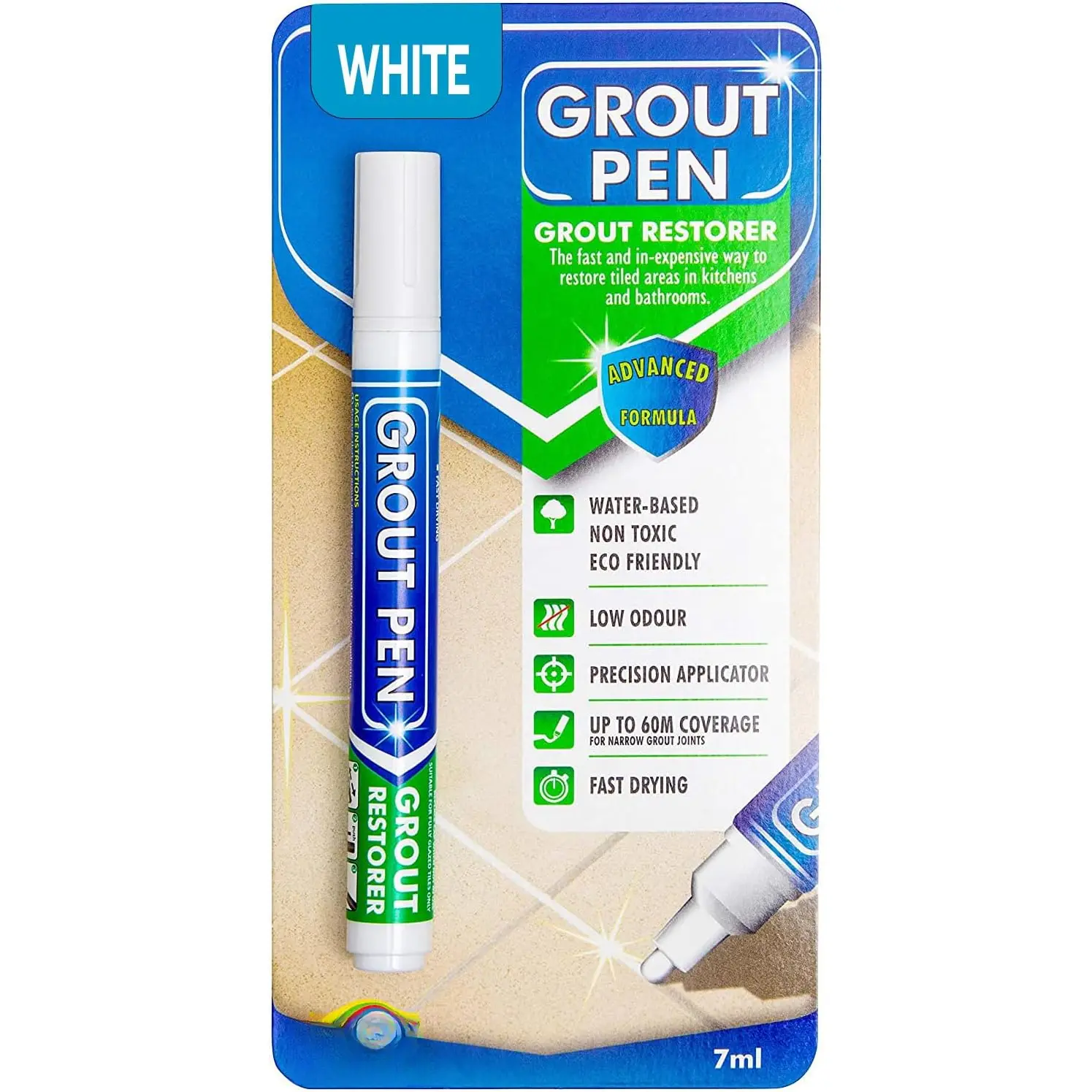 Grout Pen White Tile  Marker:  Grout , Tile Grout Colorant and Sealer Pen - White, Narrow 5mm Tip (7mL)