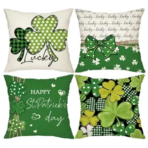 4pcs, St. Patrick'S Theme Day Throw Pillow Covers, Green Shamrock Clover & Bow Design, Home Décor Products, Cushion Cover Decoration for Couch Sofa, Room Decor and Bedroom Decor, Suitable for Spring Decoration, Single Sided Printing, No Pillow Core