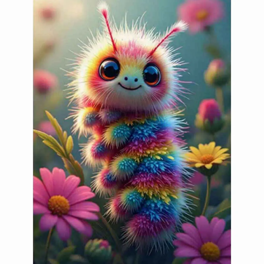 Cute Rainbow Fuzzy Caterpillar Diamond Painting Kit, Adorable Fluffy Colorful Caterpillar with Big Eyes Art, High-Quality Full Drill Round & Square Rhinestone Mosaic, 5D DIY Handmade Cross Stitch Home Wall Decor, 12x16 inch / 30x40cm