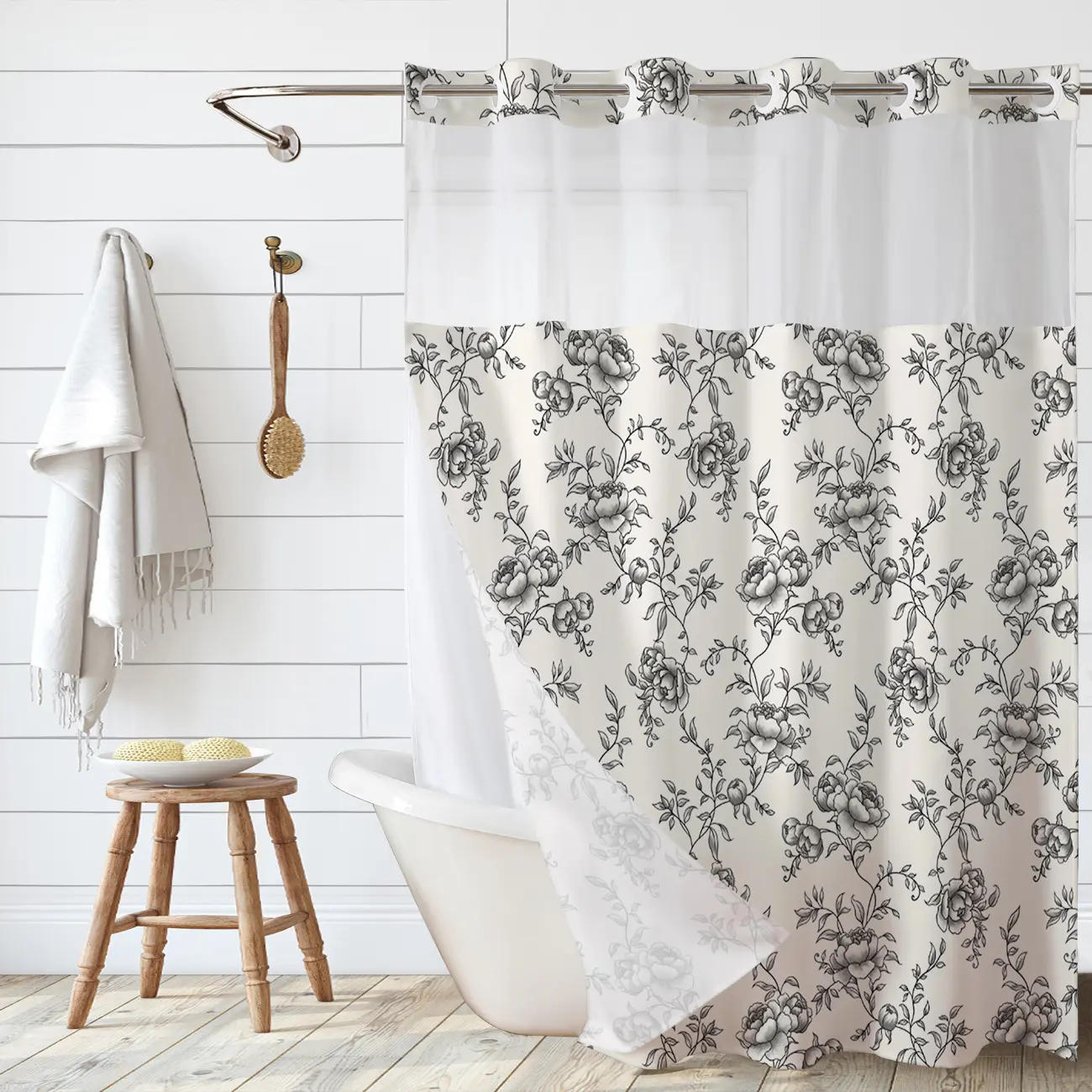 Peony Print Linen Shower Curtain, Sheer Splice Linen Fabric, Waterproof Double Layer Mildew Resistant No Drill Bath Curtain for Home & Homestay 72''*75''inch