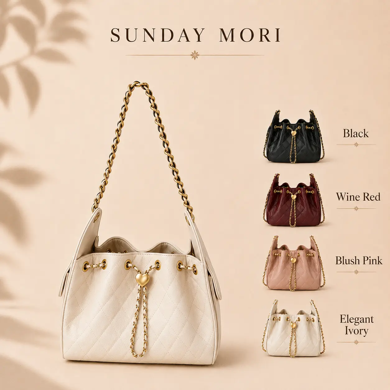 SUNDAY MORI Women’s Quilted Chain Bucket Bag with Heart Charm, Soft Shoulder Purse with Drawstring Closure, Elegant Everyday Handbag for Work, Shopping & Going Out