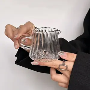 1pc 250ML High Borosilicate Glass Vertical Groove Handle Transparent Coffee Cup, Simple Home Single Layer Glass Cup, Stylish Thickened Glass Cup, Drinking Glasses