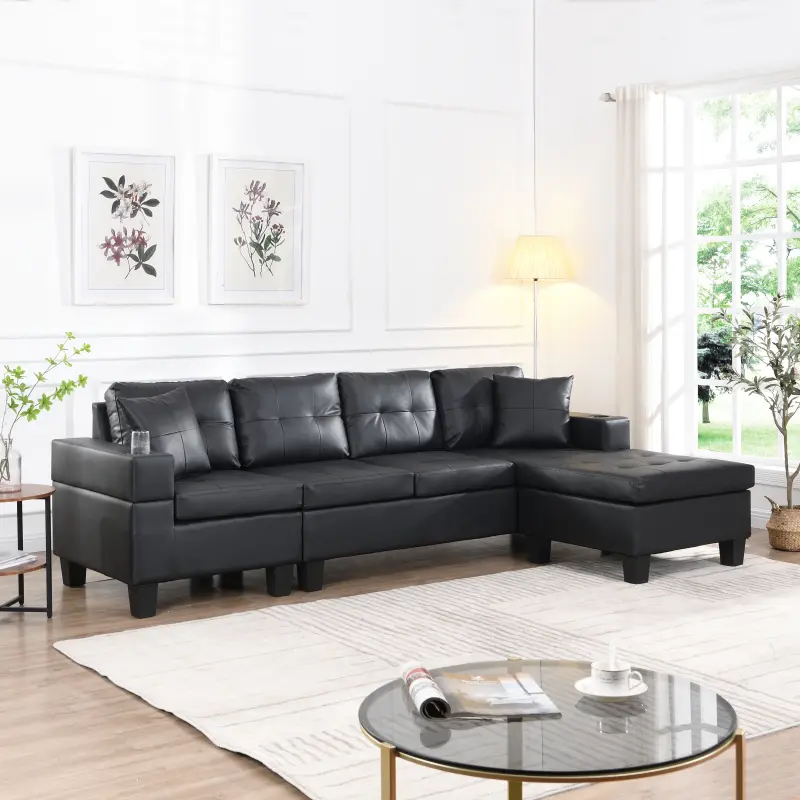 Leather Reclining Sectional Sofa Set for Living Room - L-Shape 4-Seat Modern Sofa with Chaise Lounge (Left/Right Hand Option), Cup Holder (Black)