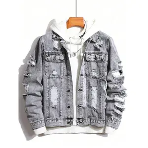 Men Ripped Flap Pocket Denim Jacket Without Hoodie, Plain Grey Party Grunge Rapper Denim Jacket Going Out Hang Out Commute College Street