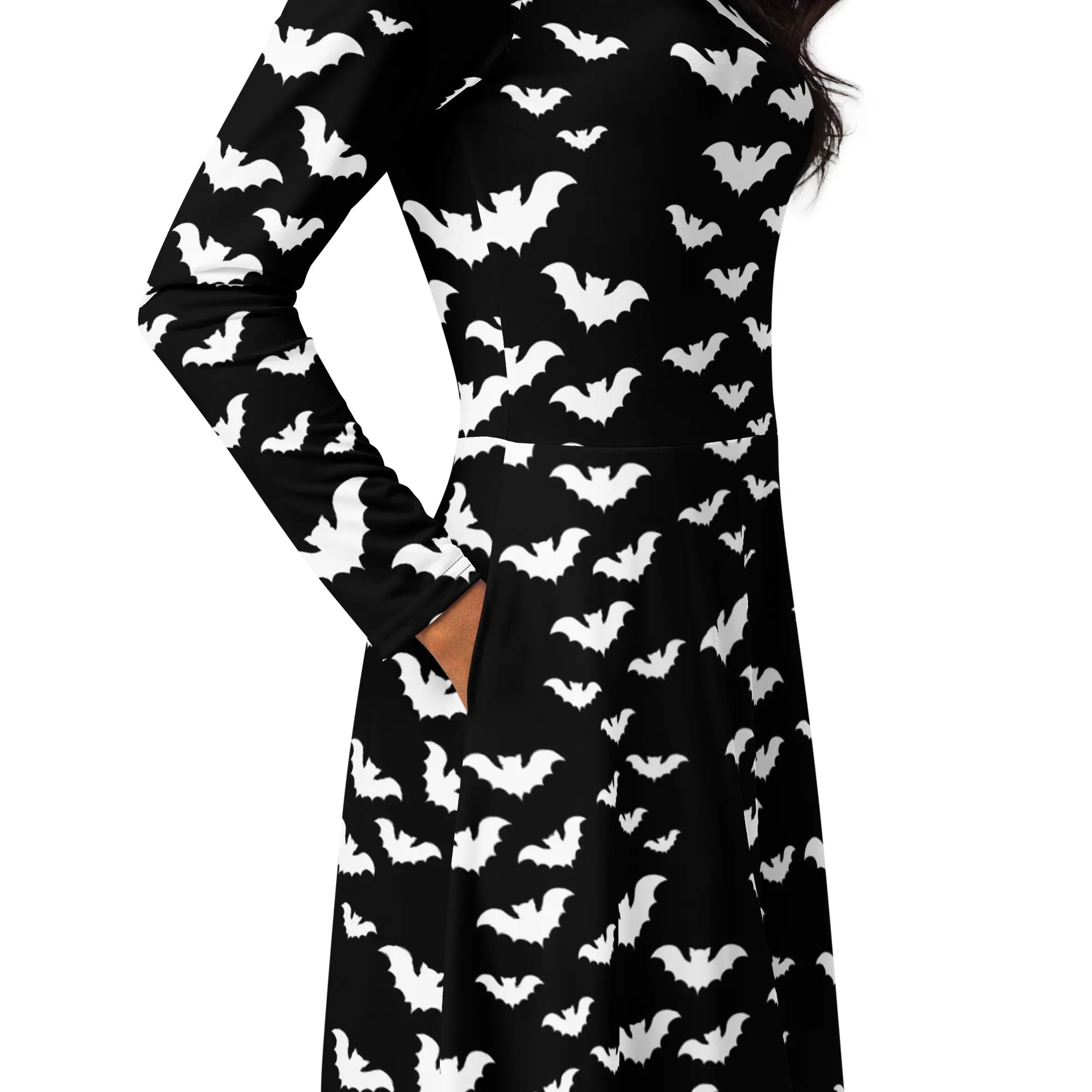 Vampire Bats Gothic Halloween Bat Print Long Sleeve Midi Dress – Alt Fashion Outfit & Unique Gift for Women