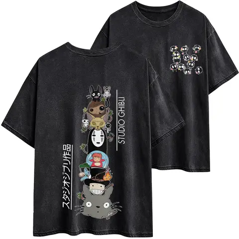 Studio Ghibli Washed T-Shirt, Spirited Away, Totoro, Howl's Moving Castle, Kiki, Kodama, Susuwatari, Calcifer, Gift for Anime Lovers, Y2K Streetwear