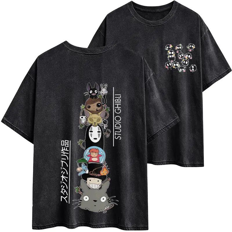Studio Ghibli Washed T-Shirt, Spirited Away, Totoro, Howl's Moving Castle, Kiki, Kodama, Susuwatari, Calcifer, Gift for Anime Lovers, Y2K Streetwear