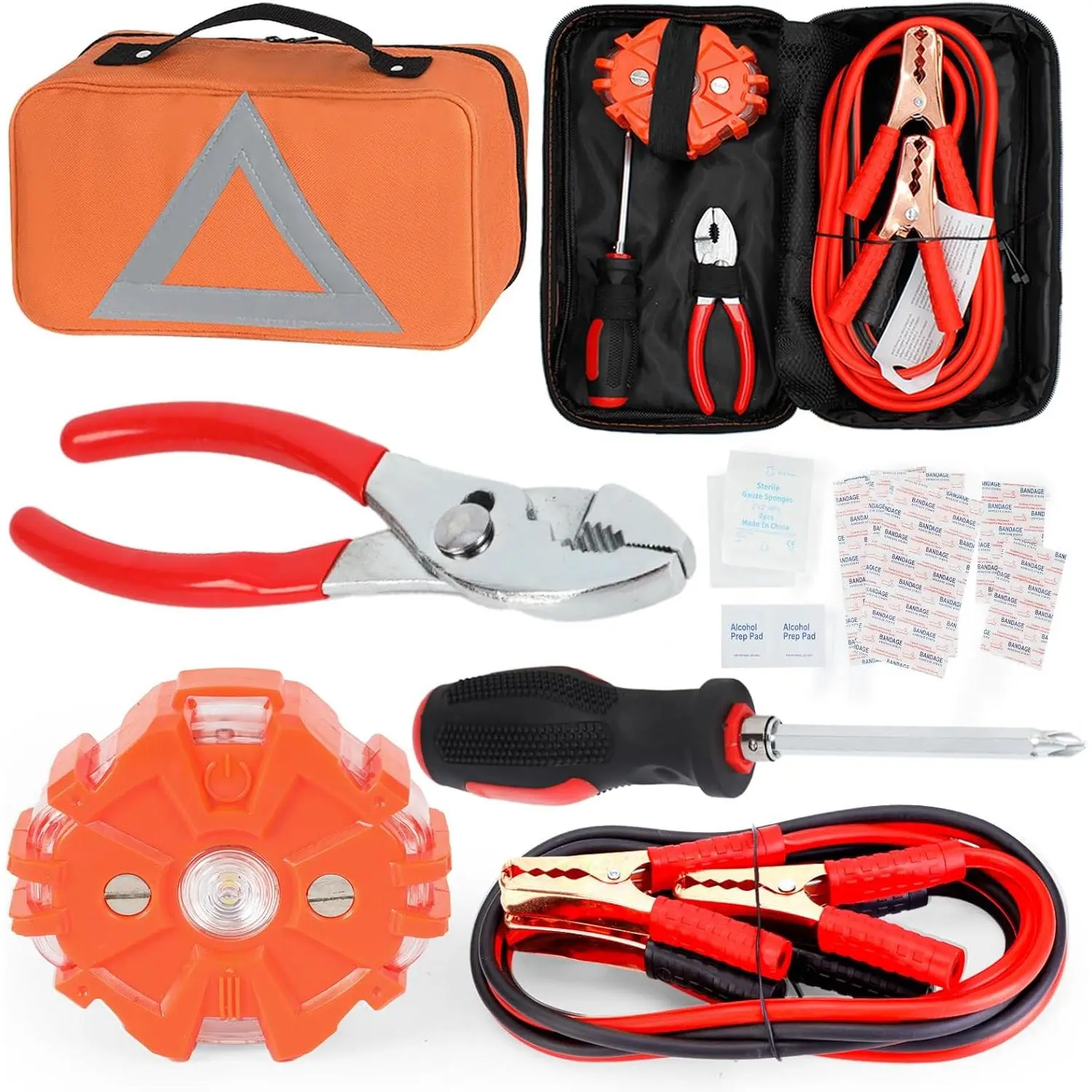 Car Safety Kit,  Multifunctional Roadside Assistance Emergency Kits - First Aid Kit, Jumper Cables, LED Warning Light, Orange Strong Bag, Tools