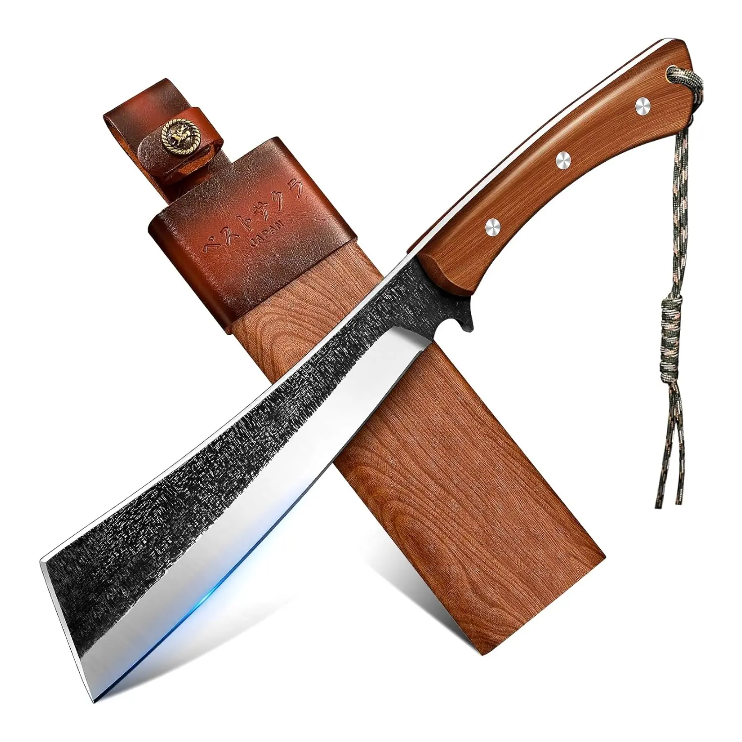 Freelander Portable Multipurpose Knives - Durable Steel Tool with Red Sandalwood Ergonomic Full Tang Handle, Wood-Leather Sheath, Well Designed Blades - Camping Tools for Camping, Hiking, Lanyard Hole