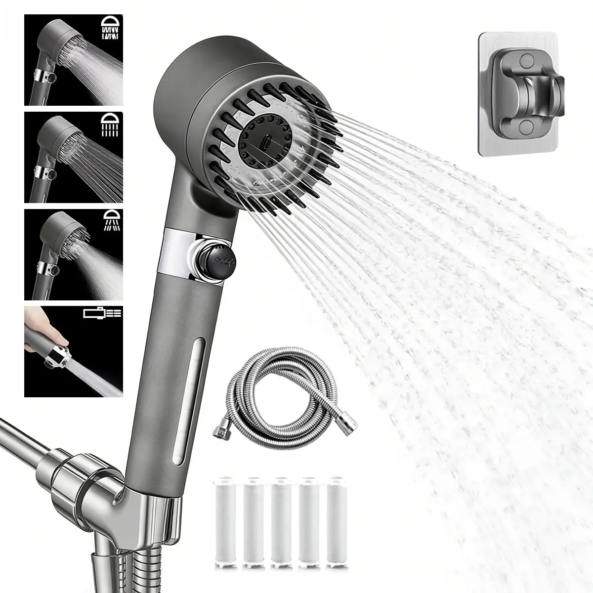High Pressure 8-mode Handheld Shower Head - Anti-clog Nozzles, Built-in Power Wash to Clean Tub, Tile & Pets, Extra Long 6 ft. Stainless Steel Hose, Wall & 5 Replaceable Water Softener Filters