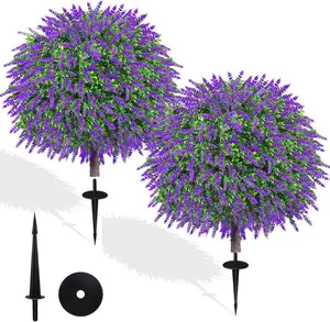 24" Artificial Lavender Boxwood Topiary Ball Trees, Set of 2 Fake Shrubs Bushes with Ground Spike, UV Resistant Faux Evergreen Tree for Front Porch Outdoor Garden Decor