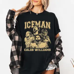 Unisex Caleb Williams ICEMAN Retro T-Shirt, 100% cotton Game Day Football Graphic Tee Gold Design Sweater Tee for Fan