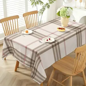 Japanese hand-painted wind tablecloth with healing plaid, design of interwoven lines with pink and brown on milky white background, and fresh ins wind printed fabric table mat, which is suitable for girls' heart rooms, cafes and simple homestays.