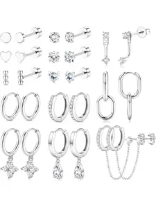 13 Pairs Silver Earrings Set for Women - 14K Gold Plated Cartilage Studs Huggie Hoop Earring Stacking Set for Multiple Piercing Hypoallergenic Surgical Stainless Steel Flat Back Earrings for Sensitive Ears