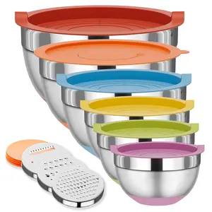 6 Piece Stainless Steel Mixing Bowls with Lids Set, 3 Grater Attachments, Non-Slip Bottoms, Metal Nesting Storage Bowls for Kitchen, Size 5.5,3.5,2.5,2.1,1.5,1.1 QT, Great for Mixing & Serving