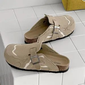 Men's sports slippers, headgear slippers, flat shoes, women's fashion slippers, leather spliced men's shoes, cork soles, one-pedal slippers, non-slip soles.