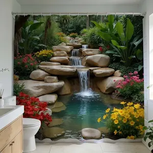 1 Pc Transform your bathroom into a serene oasis with a nature-themed waterproof shower curtain featuring a vibrant waterfall and lush garden scene ideal for bathroom, Restroom decoration and renovation with vivid colors and picturesque print
