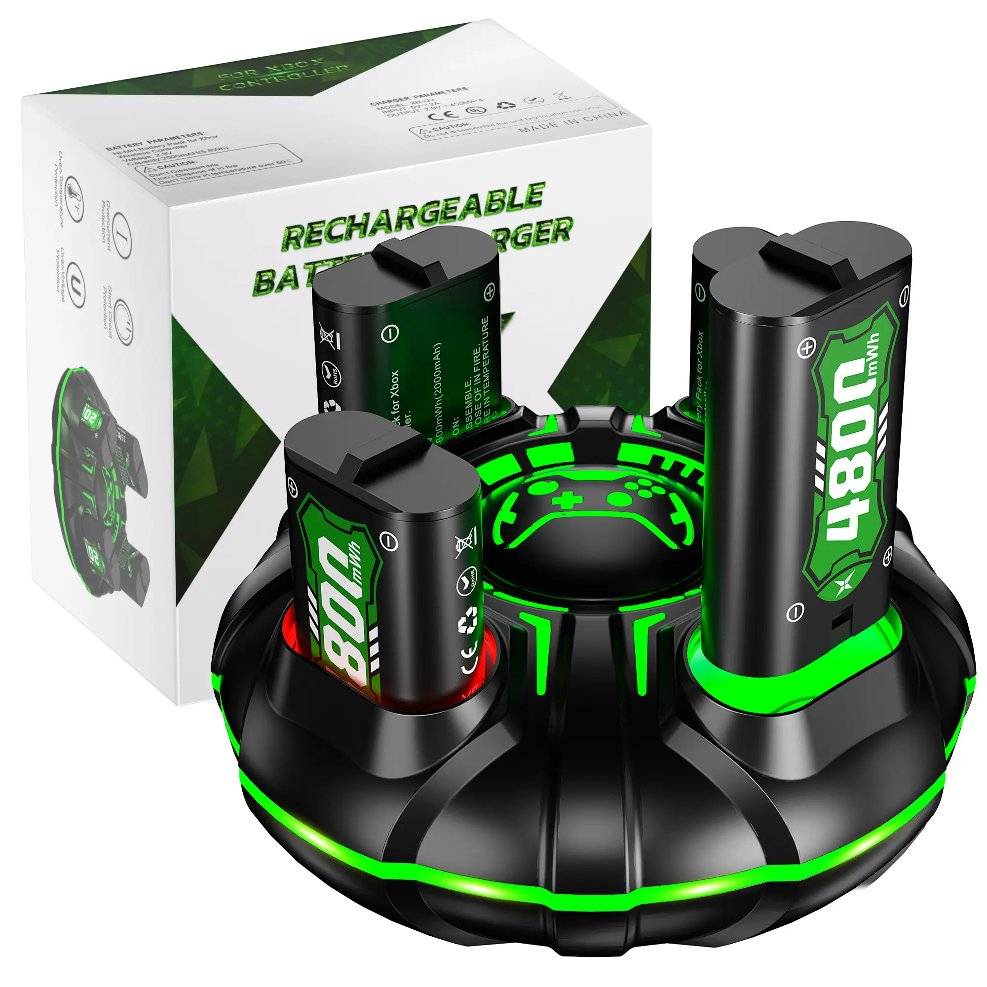 Ponkor Xbox Controller Rechargeable Battery Packs (4×4800mWh) with Fast Charging Dock, Compatible with Xbox One, Series X|S, High-Capacity, Long-Lasting, LED Glow, Overheat Protection Safety