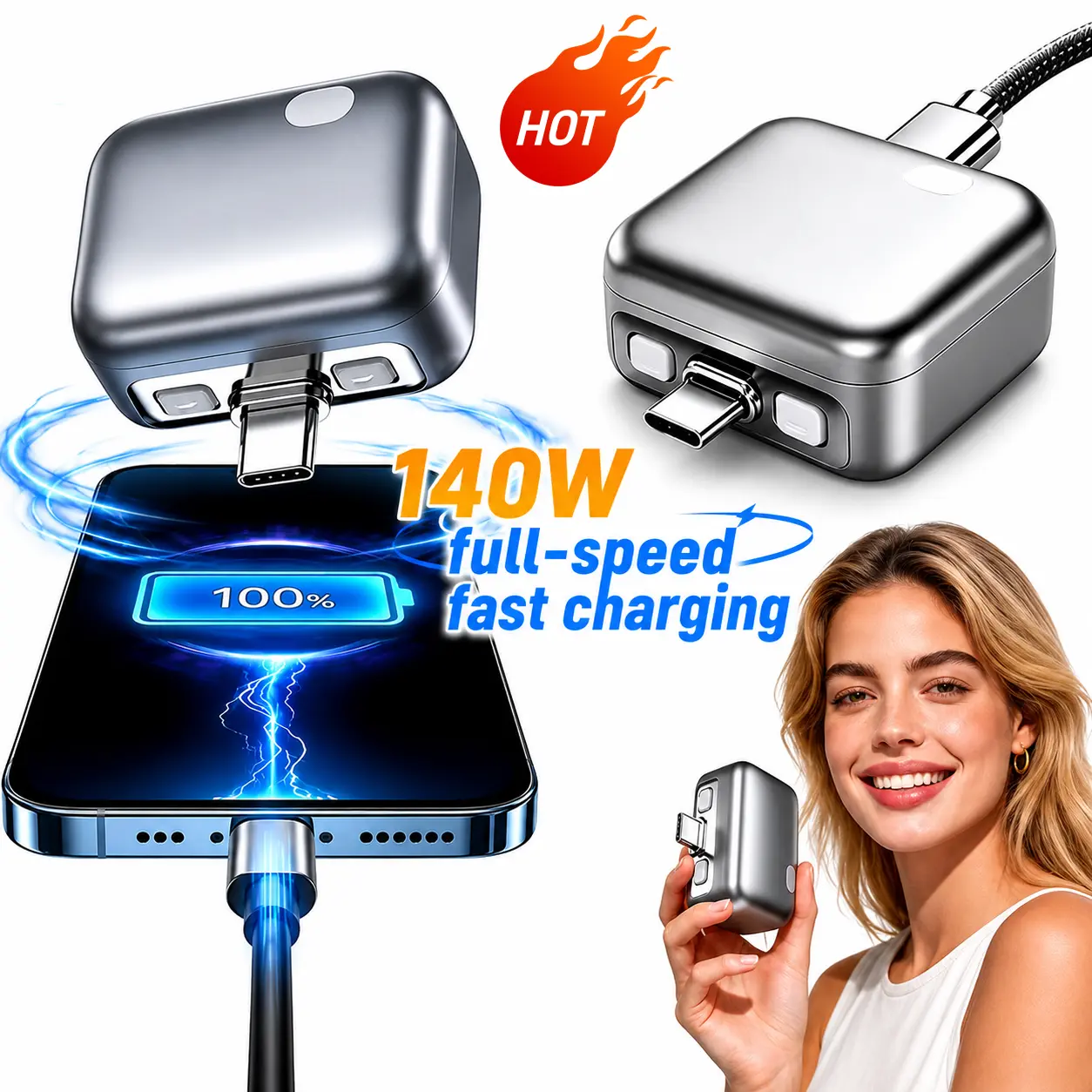 Automatic Power-Off Charger Adapter, 140W Type-C Fast Charging Split Charger, Physical Power-Off, Automatically Cuts Off Power After Fully Charged to Protect Battery, Type-C Interface Compatible with iPhone 17/16/15, Laptops, and Tablets