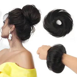 Human Hair Bun Extension# 1B Natural Black Wavy Tousled Stretchy Fluffy Donut Updo Human Hair Bun Extension Chignons Scrunchies Ponytail Extensions(1 Count# 1B Natural Black