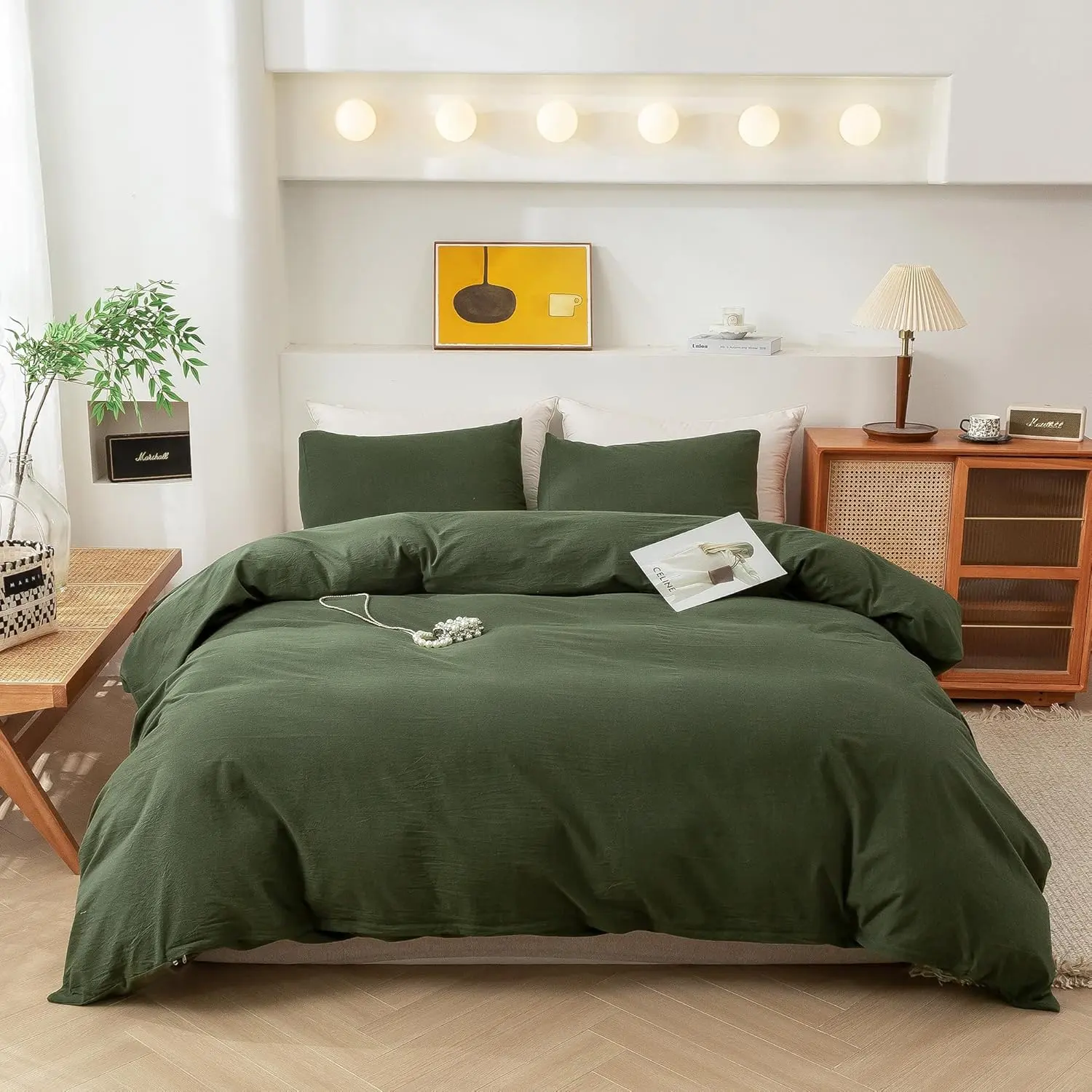 King Size 3-Piece 100% Cotton Duvet Cover Set, Relaxed Weave Solid Pattern Breathable Bedding, 1 Duvet Cover + 2 Pillowcases, Easy Care Ultra-Soft Avocado Green Bedding Set, Three Pieces