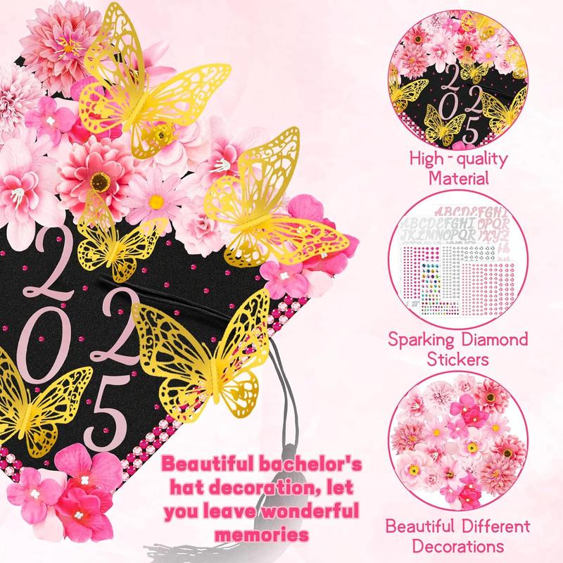 Graduation Cap Decorations Kits Faux Flower 3D Butterfly Rhinestones Glitter Alphabet Letter Sticker Pink Flower DIY Graduation Cap Decorations for Grad Cap Topper Graduation Party DIY Crafts